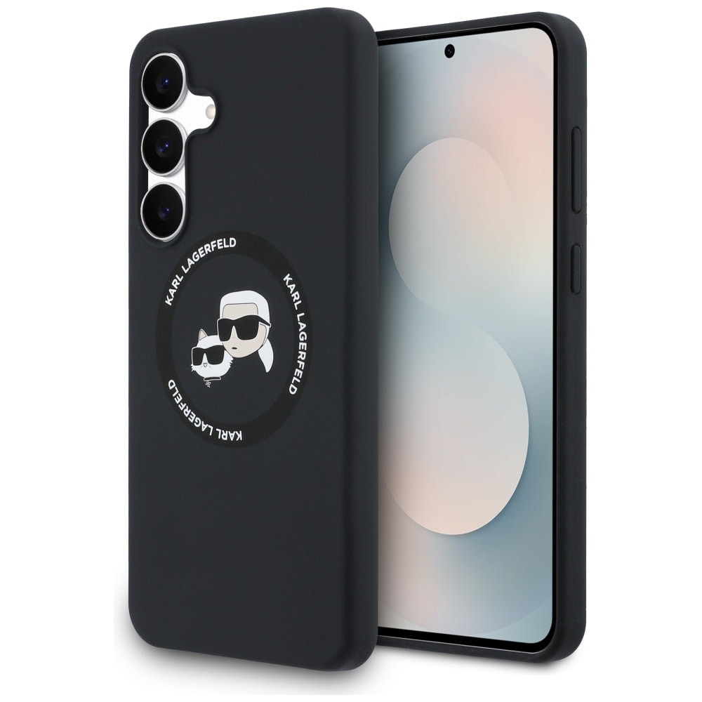 Karl Lagerfeld MagSafe silikonfodral med Karl & Choupette-huvuden för Samsung Galaxy S25 FE – Svart