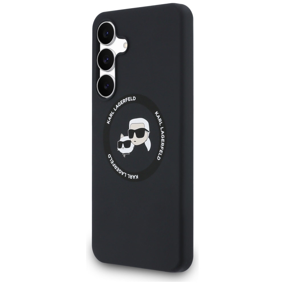 Karl Lagerfeld MagSafe silikonfodral med Karl & Choupette-huvuden för Samsung Galaxy S25 FE – Svart