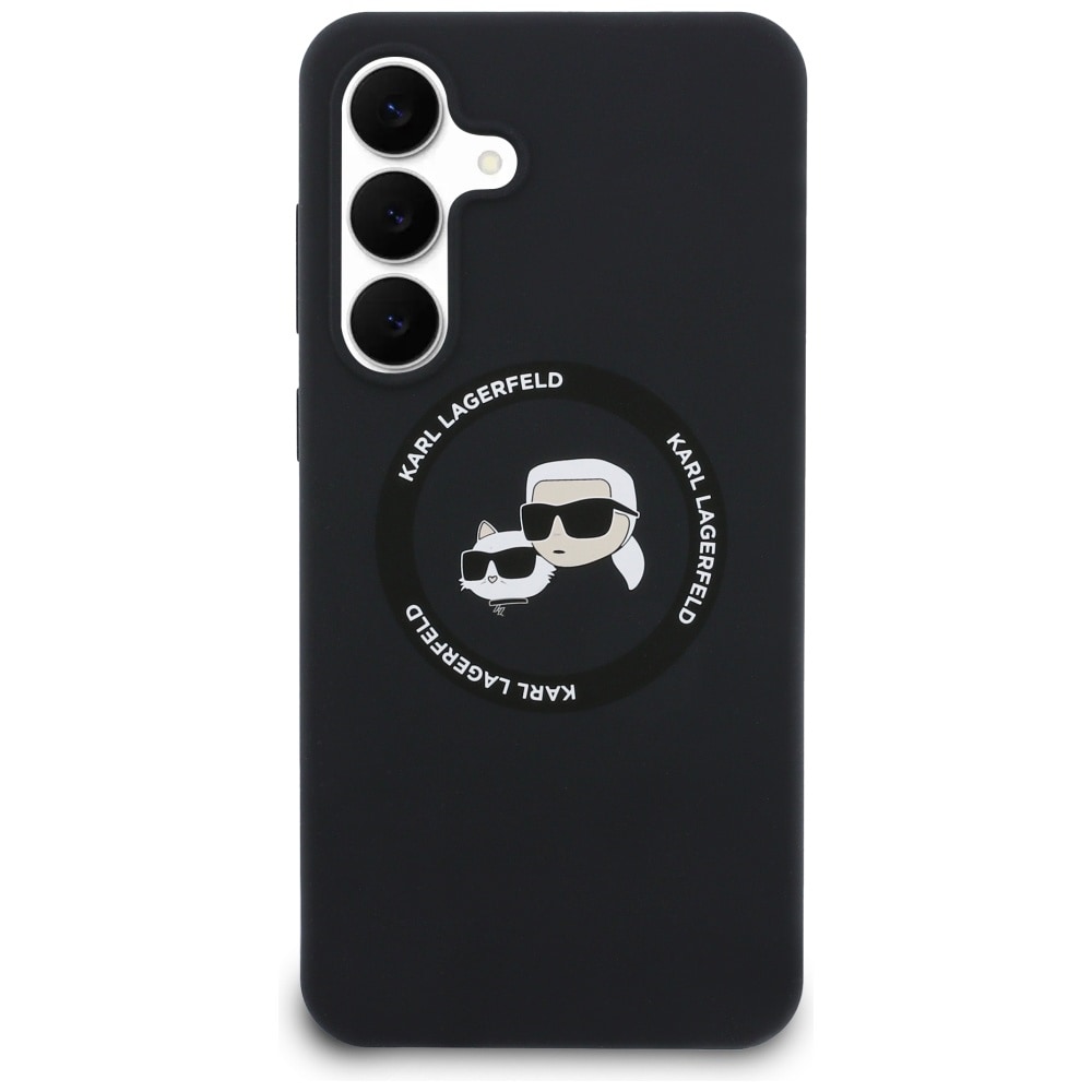 Karl Lagerfeld MagSafe silikonfodral med Karl & Choupette-huvuden för Samsung Galaxy S25 FE – Svart