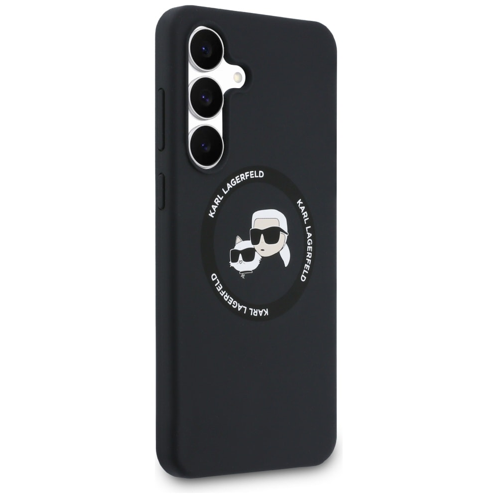 Karl Lagerfeld MagSafe silikonfodral med Karl & Choupette-huvuden för Samsung Galaxy S25 FE – Svart