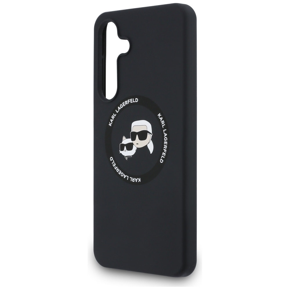 Karl Lagerfeld MagSafe silikonfodral med Karl & Choupette-huvuden för Samsung Galaxy S25 FE – Svart