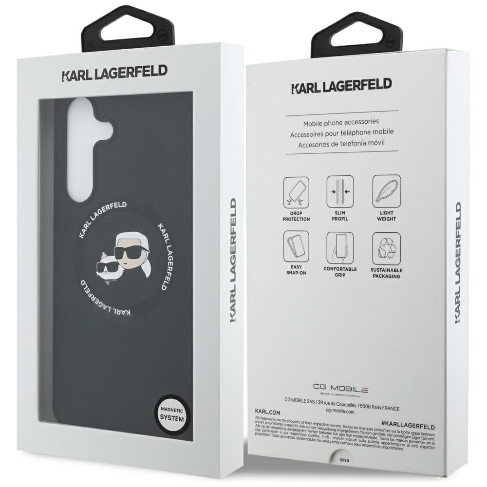 Karl Lagerfeld MagSafe silikonfodral med Karl & Choupette-huvuden för Samsung Galaxy S25 FE – Svart