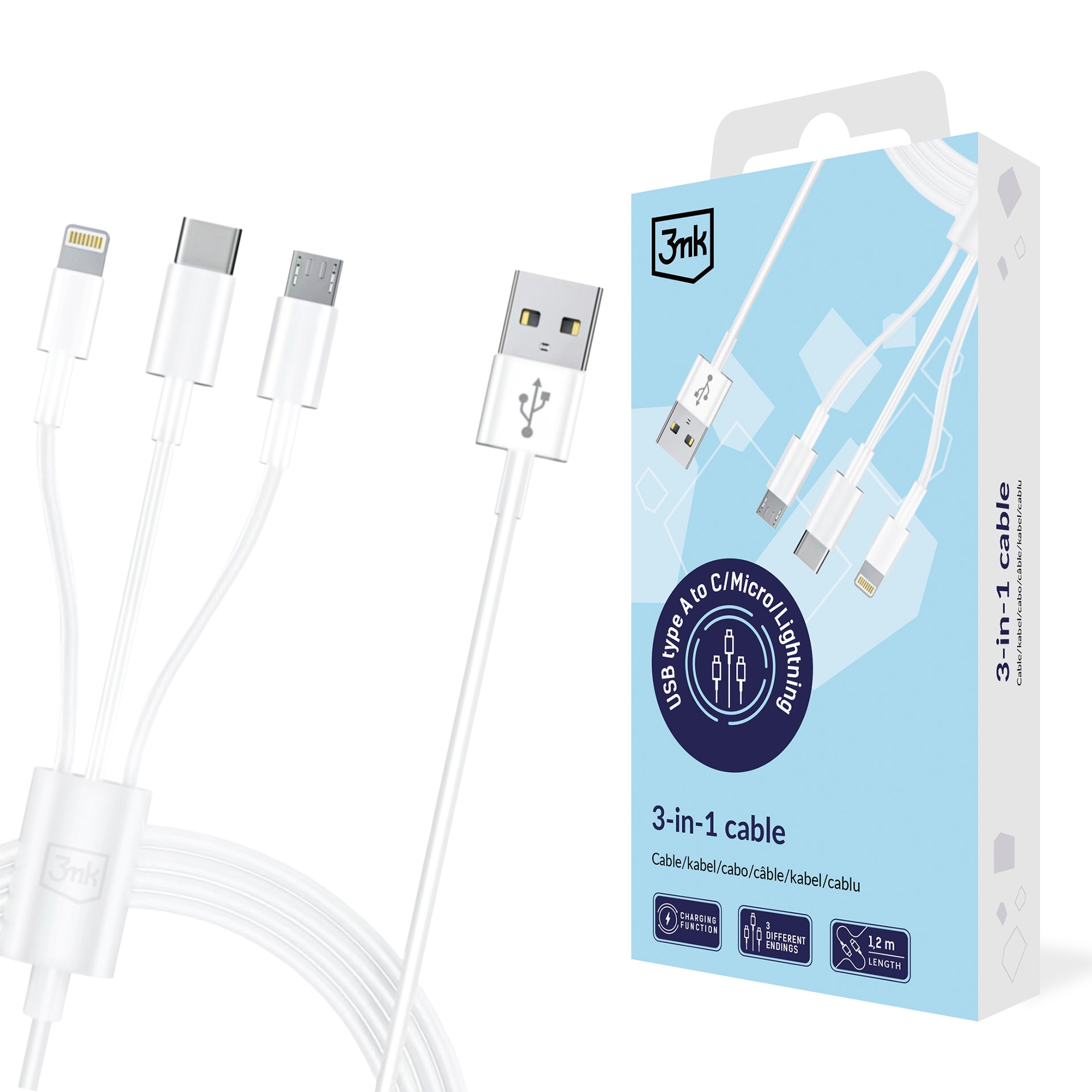 3mk-kabel 3-i-1 USB-A – micro-USB / Lightning / USB-C 1,2 m 20 V/2,4 A 15 W – vit