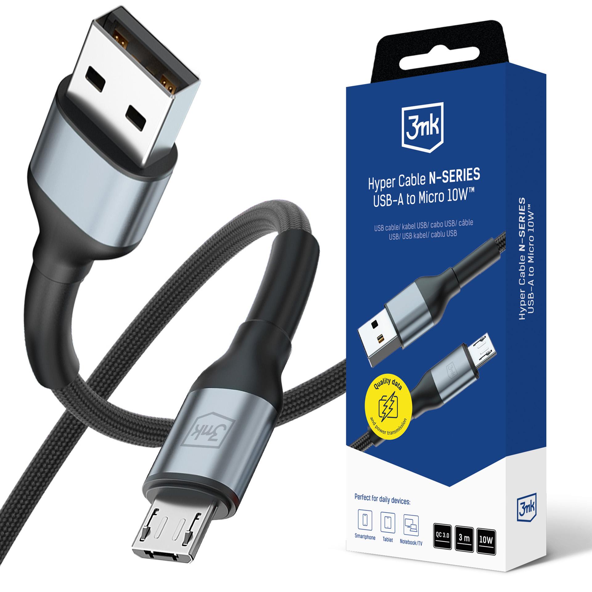 3mk Hyper Cable N-SERIES USB-A / MicroUSB 3 m QC 3.0 5 V/2 A 10 W – svart