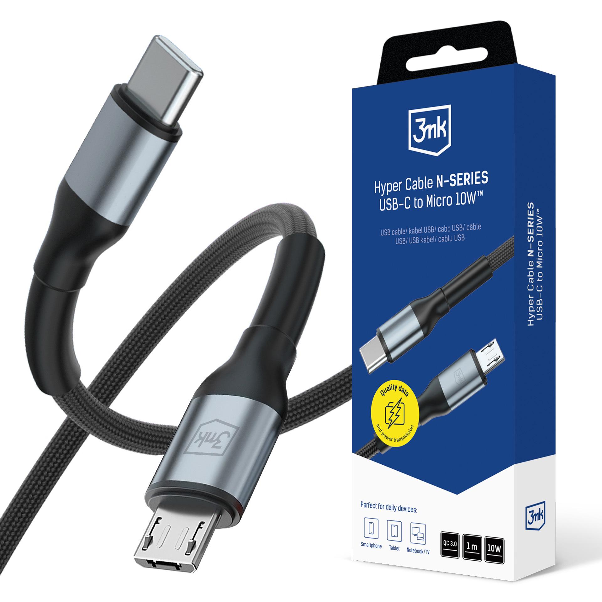 3mk Hyper Cable N-SERIES USB-C / MicroUSB 1 m QC 3.0 5 V/2 A 10 W – svart