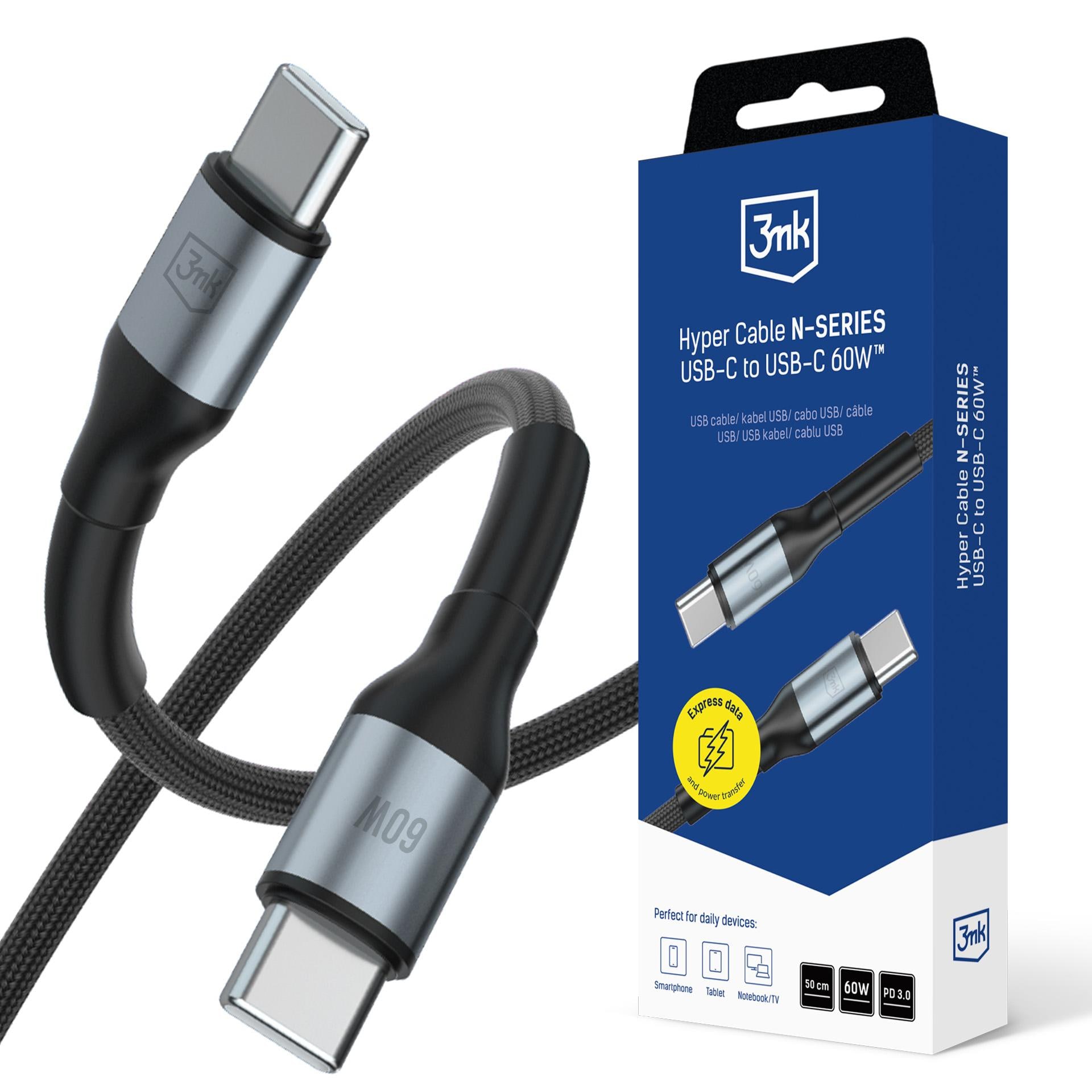 3mk Hyper Cable N-SERIES USB-C / USB-C 50 cm PD 3.0 QC 3.0 20 V/3 A 60 W – svart