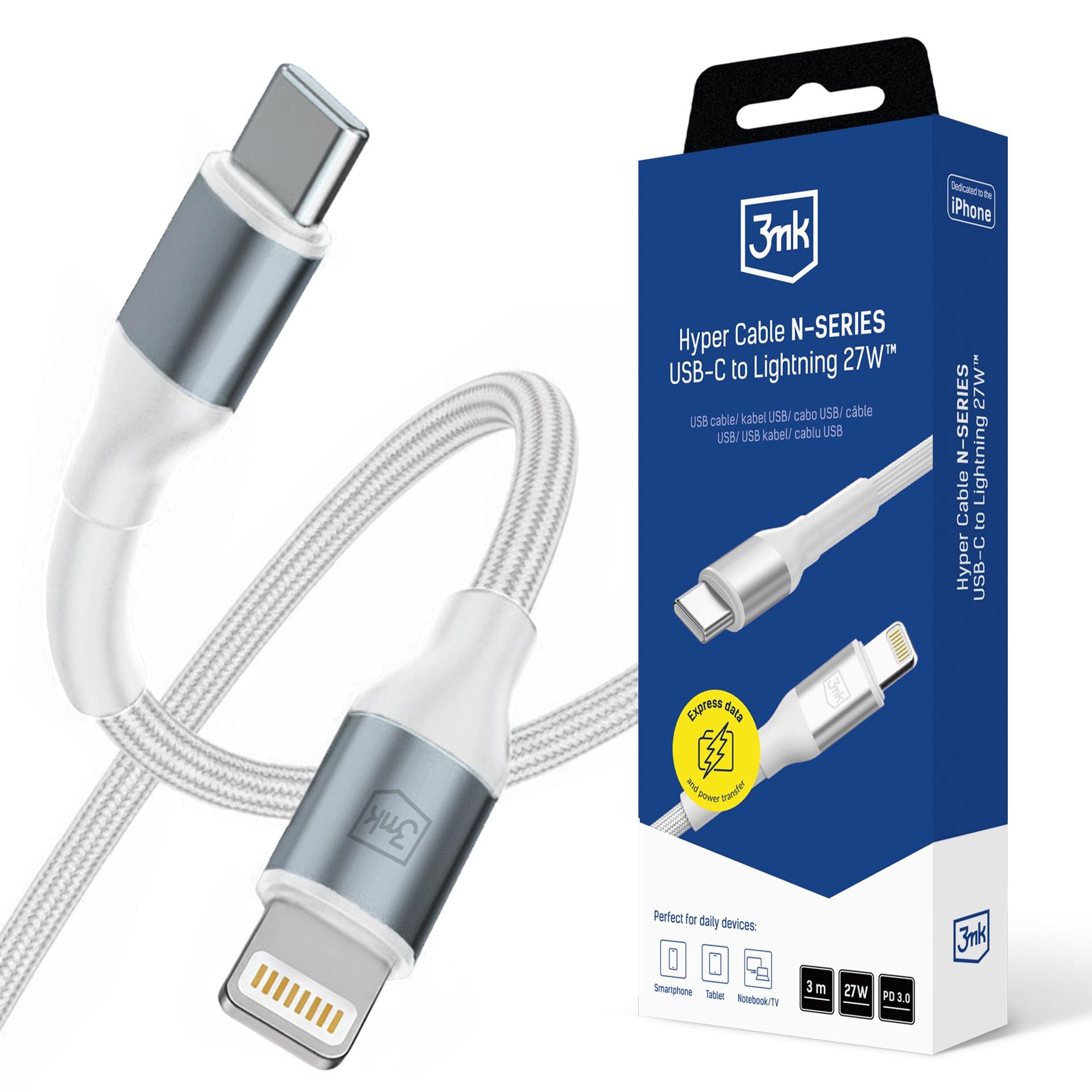 3mk Hyper Cable N-SERIES USB-C / Lightning 3 m PD 3.0 9 V/3 A 27 W – vit