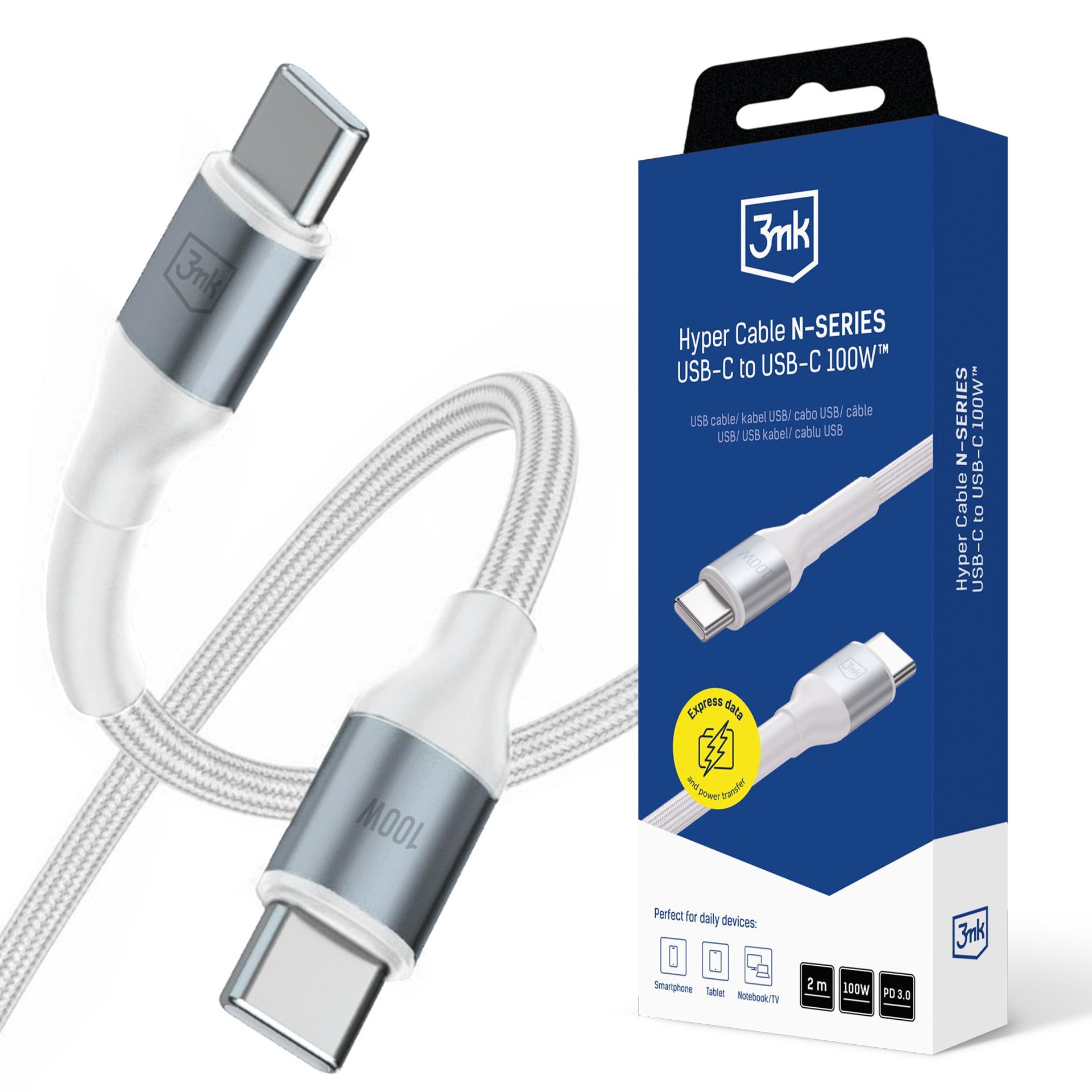 3mk Hyper Cable N-SERIES USB-C / USB-C 2 m PD 3.0 QC 3.0 20 V/5 A 100 W – vit