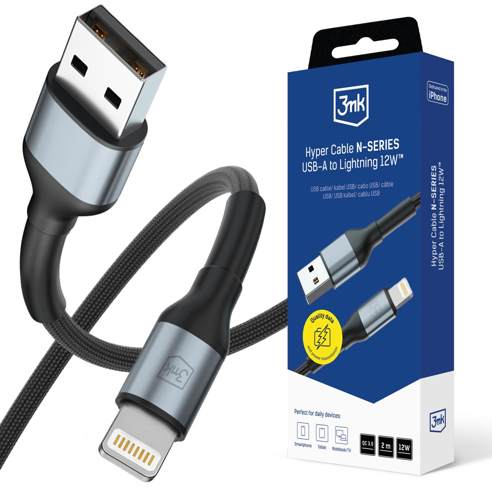 3mk Hyper Cable N-SERIES USB-A / Lightning 2 m QC 3.0 5 V/2,4 A 12 W – svart