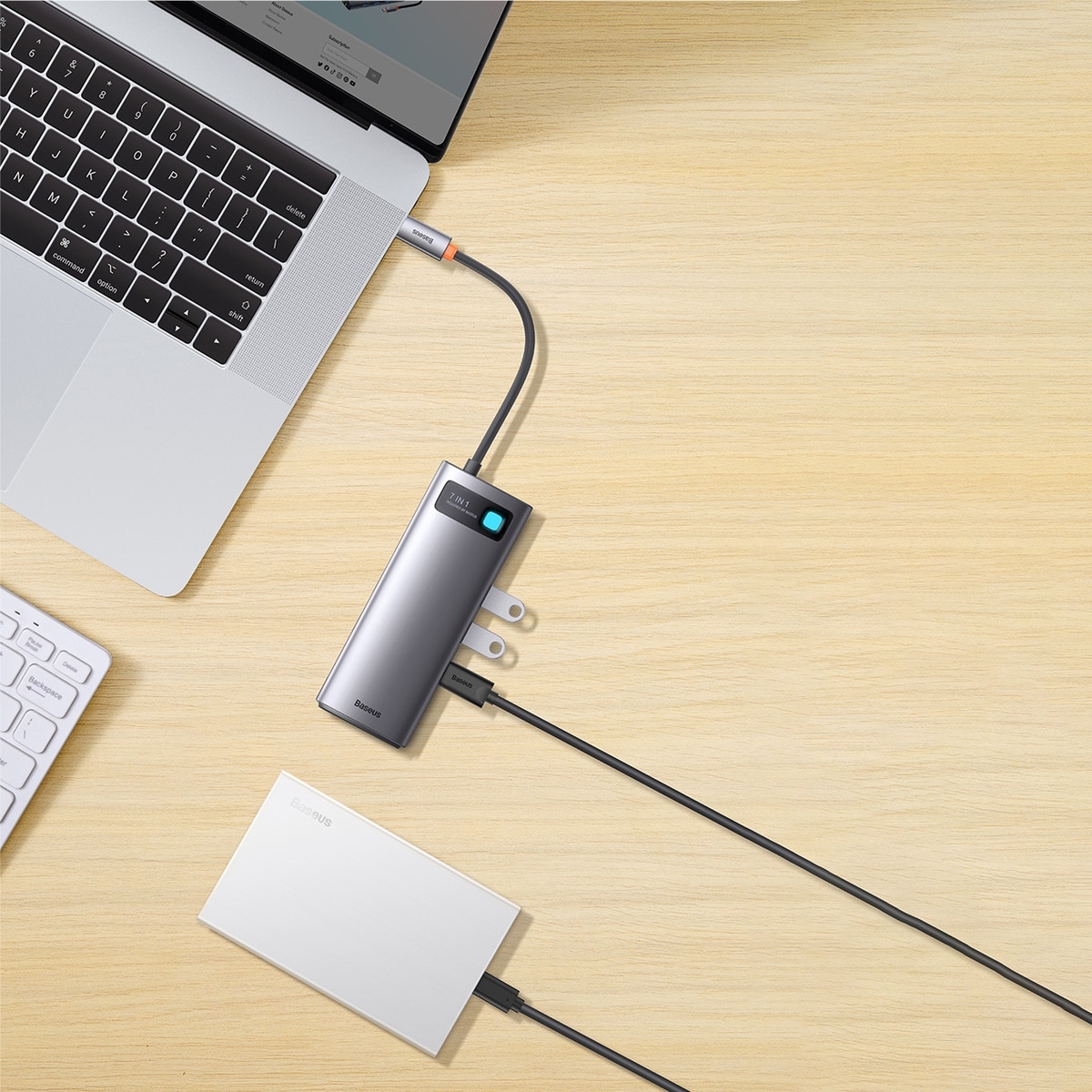 Baseus Metal Gleam HUB 7-i-1 USB-C dockningsstation – HDMI/VGA/3x USB 3.2 Gen1/PD/RJ-45, grå