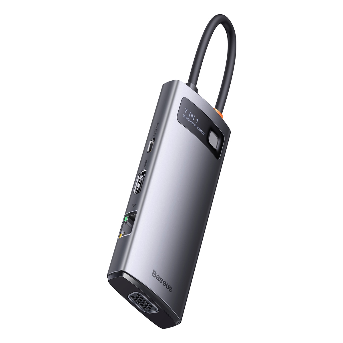 Baseus Metal Gleam HUB 7-i-1 USB-C dockningsstation – HDMI/VGA/3x USB 3.2 Gen1/PD/RJ-45, grå