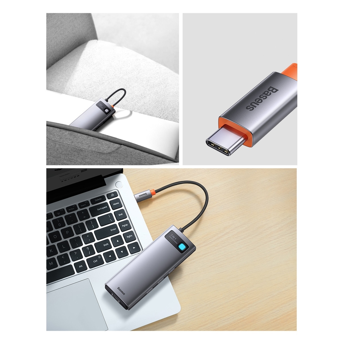 Baseus Metal Gleam HUB 7-i-1 USB-C dockningsstation – HDMI/VGA/3x USB 3.2 Gen1/PD/RJ-45, grå