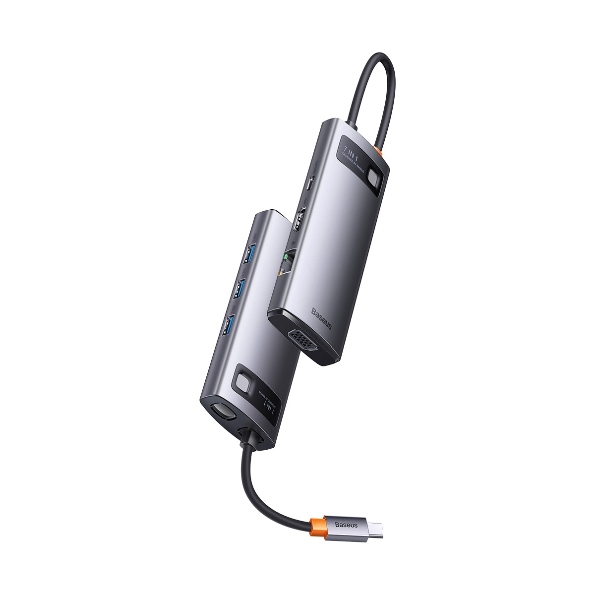 Baseus Metal Gleam HUB 7-i-1 USB-C dockningsstation – HDMI/VGA/3x USB 3.2 Gen1/PD/RJ-45, grå