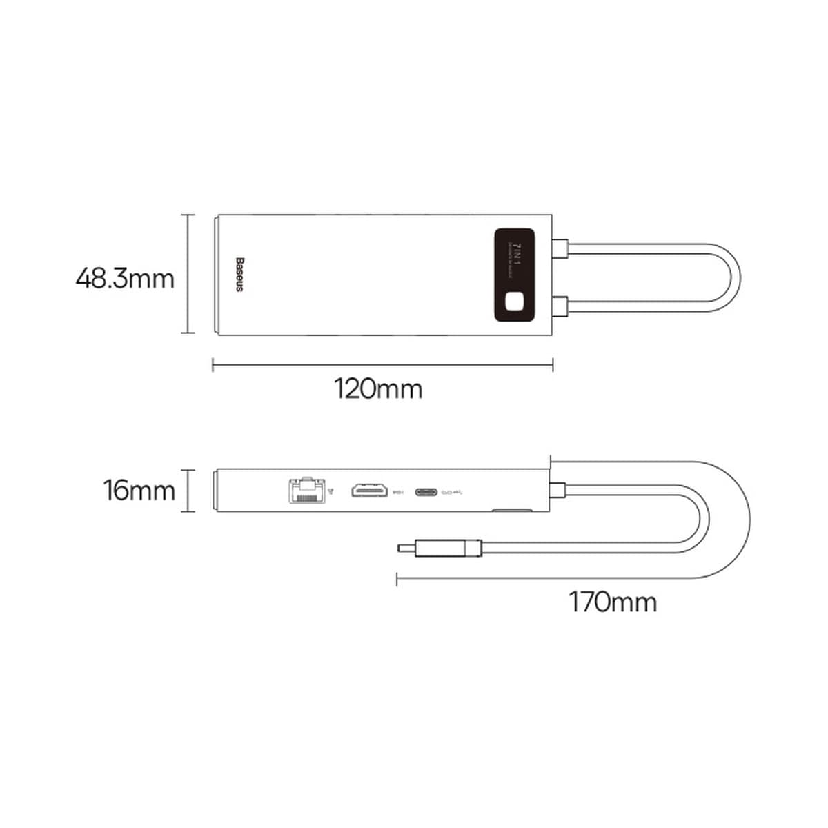 Baseus Metal Gleam HUB 7-i-1 USB-C dockningsstation – HDMI/VGA/3x USB 3.2 Gen1/PD/RJ-45, grå