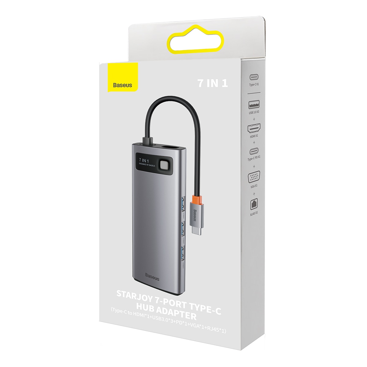 Baseus Metal Gleam HUB 7-i-1 USB-C dockningsstation – HDMI/VGA/3x USB 3.2 Gen1/PD/RJ-45, grå