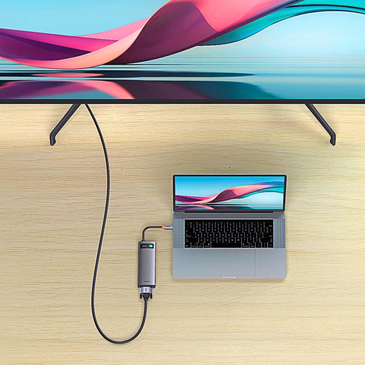 Baseus Metal Gleam HUB 7-i-1 USB-C dockningsstation – HDMI/VGA/3x USB 3.2 Gen1/PD/RJ-45, grå