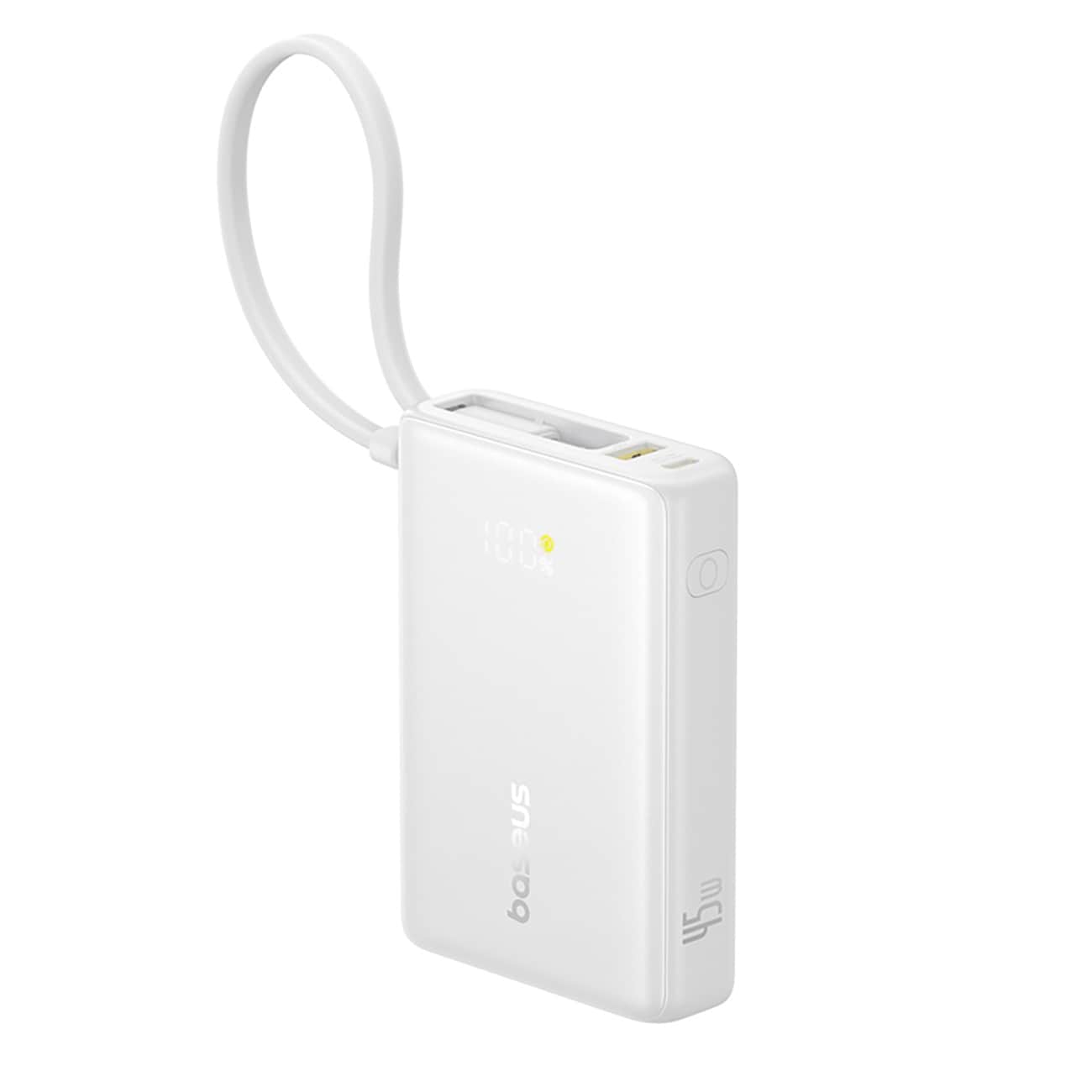 Baseus PicoGo 10 000 mAh 45 W powerbank med inbyggd kabel och display – vit