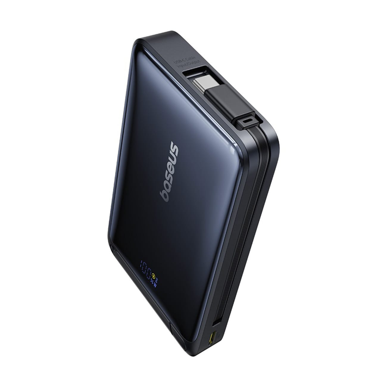 Baseus Nomos 10 000 mAh 30 W Qi2-powerbank med MagSafe-stativ och inbyggd USB-C-kabel – svart