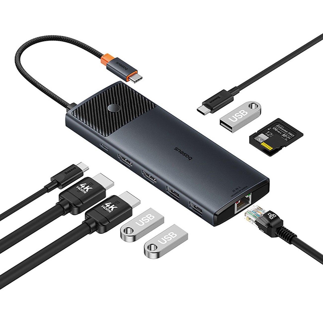 Baseus Metal Gleam II 10-i-1 HDMI, USB-A, USB-C, RJ45, SD/TF-hub – grå