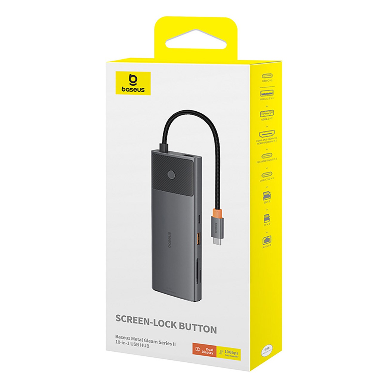 Baseus Metal Gleam II 10-i-1 HDMI, USB-A, USB-C, RJ45, SD/TF-hub – grå