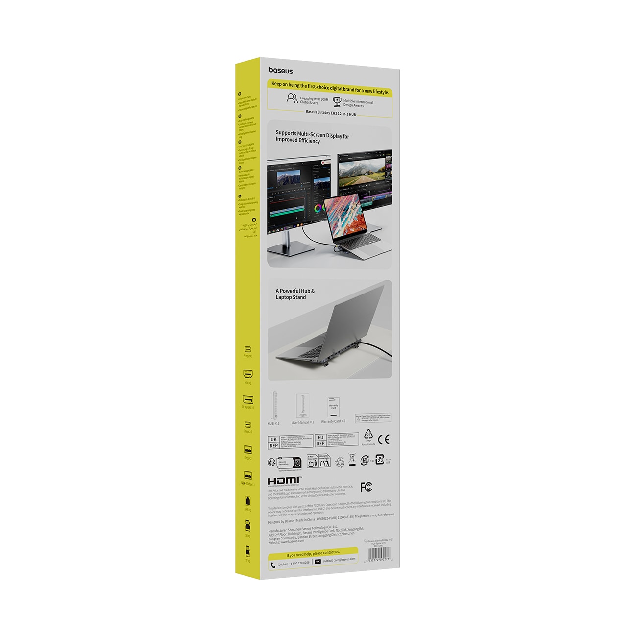 Baseus EliteJoy EH3 hubb, 12-i-1 USB-C docka – 2xHDMI/DP 4K@60, SD/microSD, RJ45, PD, grå