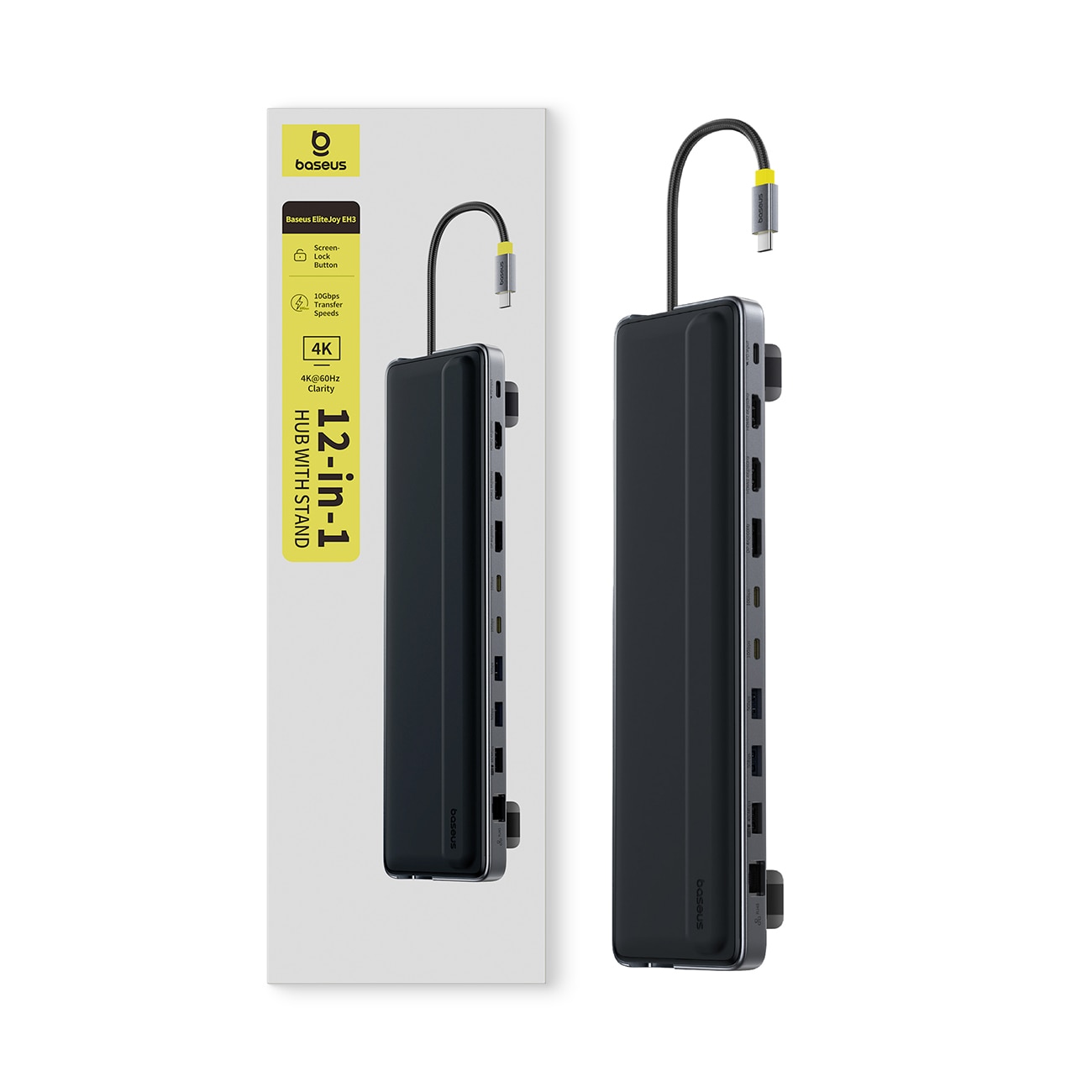 Baseus EliteJoy EH3 hubb, 12-i-1 USB-C docka – 2xHDMI/DP 4K@60, SD/microSD, RJ45, PD, grå
