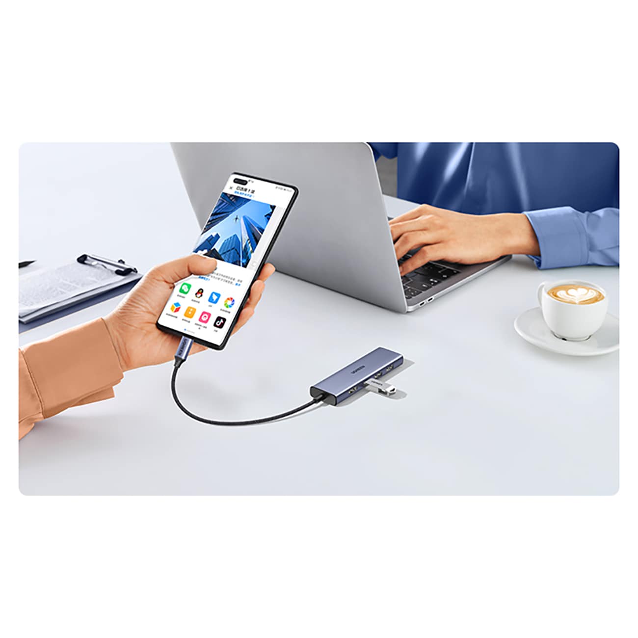 HUB Ugreen CM511 20956A 6-i-1 USB-C – HDMI / 3x USB-A 3.0 / SD/TF-kortläsare – grå