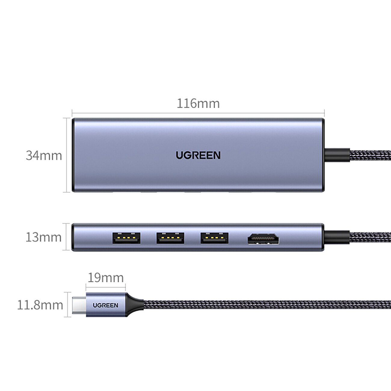HUB Ugreen CM511 20956A 6-i-1 USB-C – HDMI / 3x USB-A 3.0 / SD/TF-kortläsare – grå