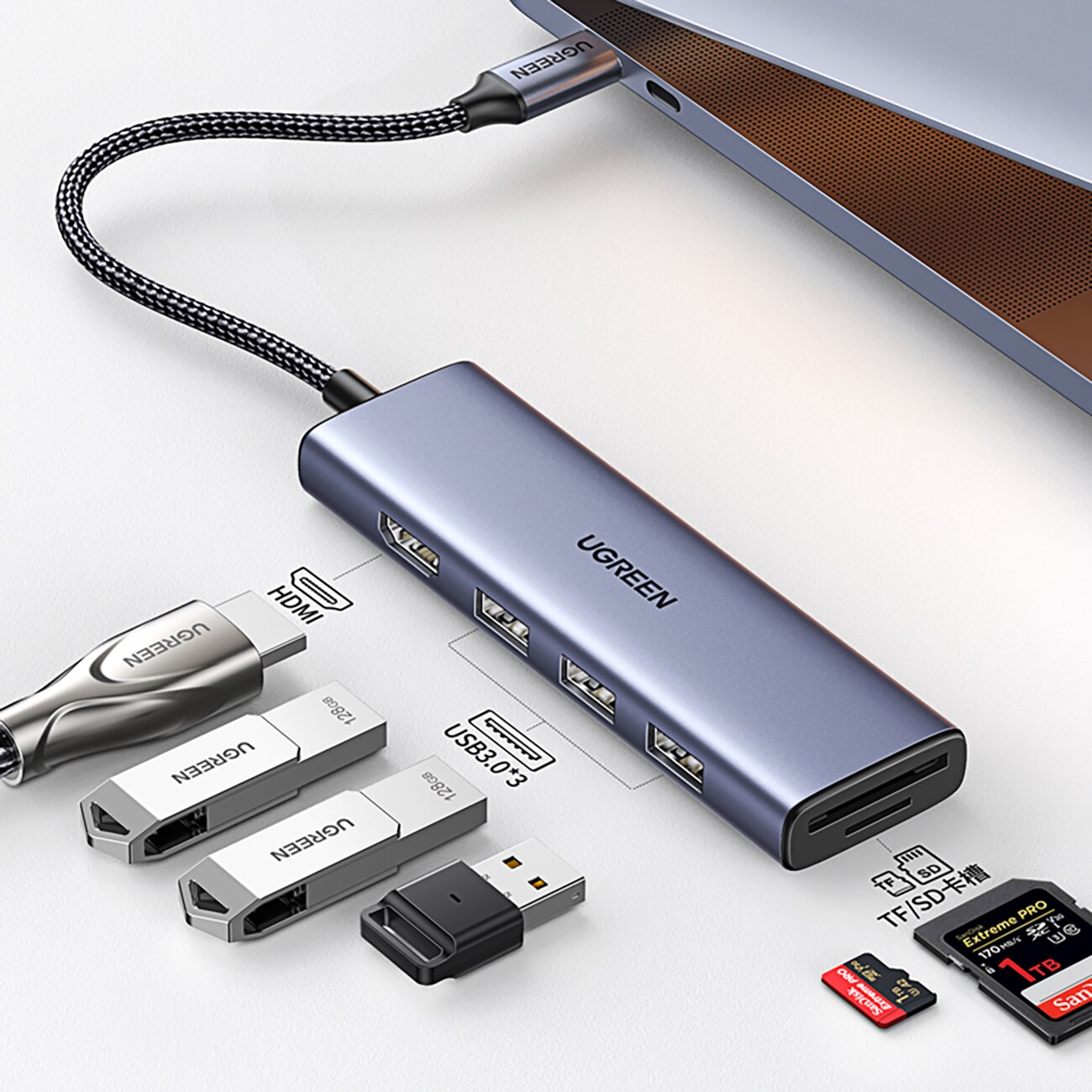 HUB Ugreen CM511 20956A 6-i-1 USB-C – HDMI / 3x USB-A 3.0 / SD/TF-kortläsare – grå