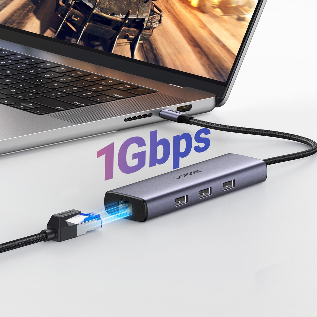 HUB Ugreen CM512 15598 6-i-1 USB-C – 3x USB-A 3.0 / HDMI / RJ45 / USB-C PD – grå