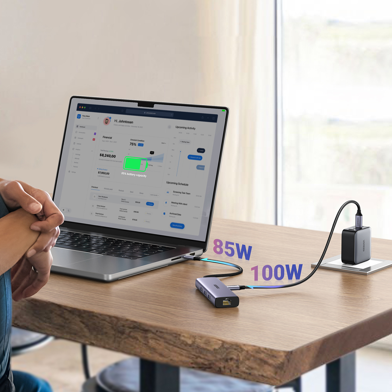 HUB Ugreen CM512 15598 6-i-1 USB-C – 3x USB-A 3.0 / HDMI / RJ45 / USB-C PD – grå