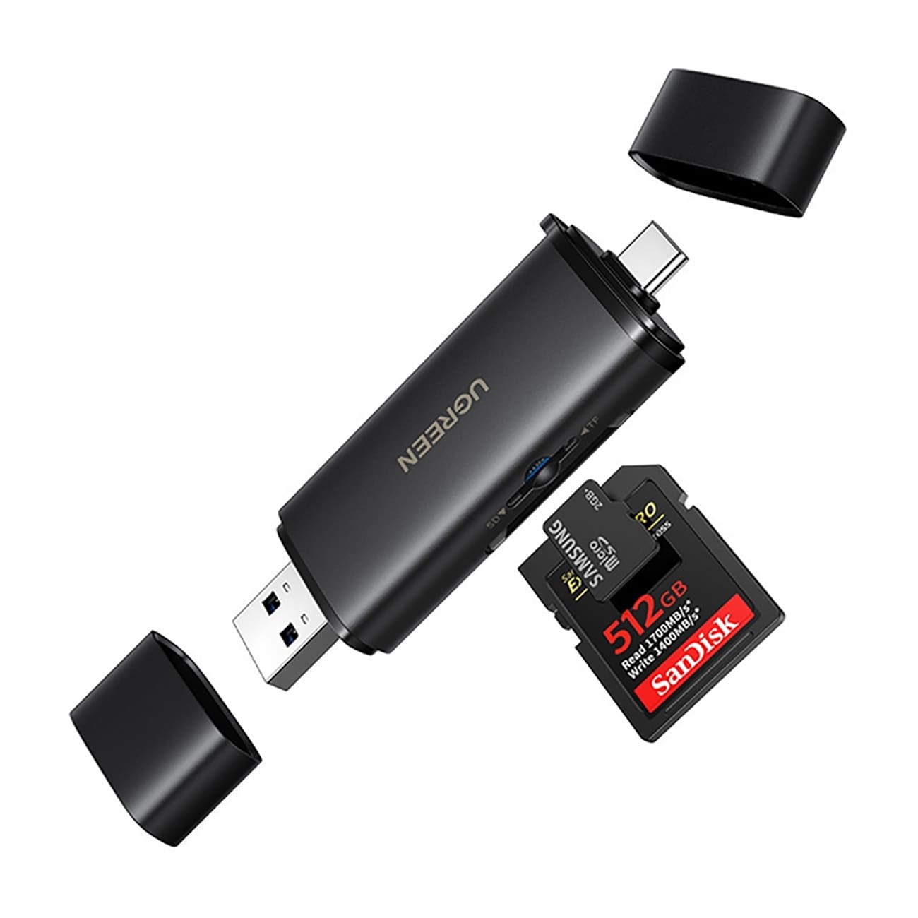 Ugreen 2-i-1 USB-C/USB-A SD 4.0 UHS-II-kortläsare – svart