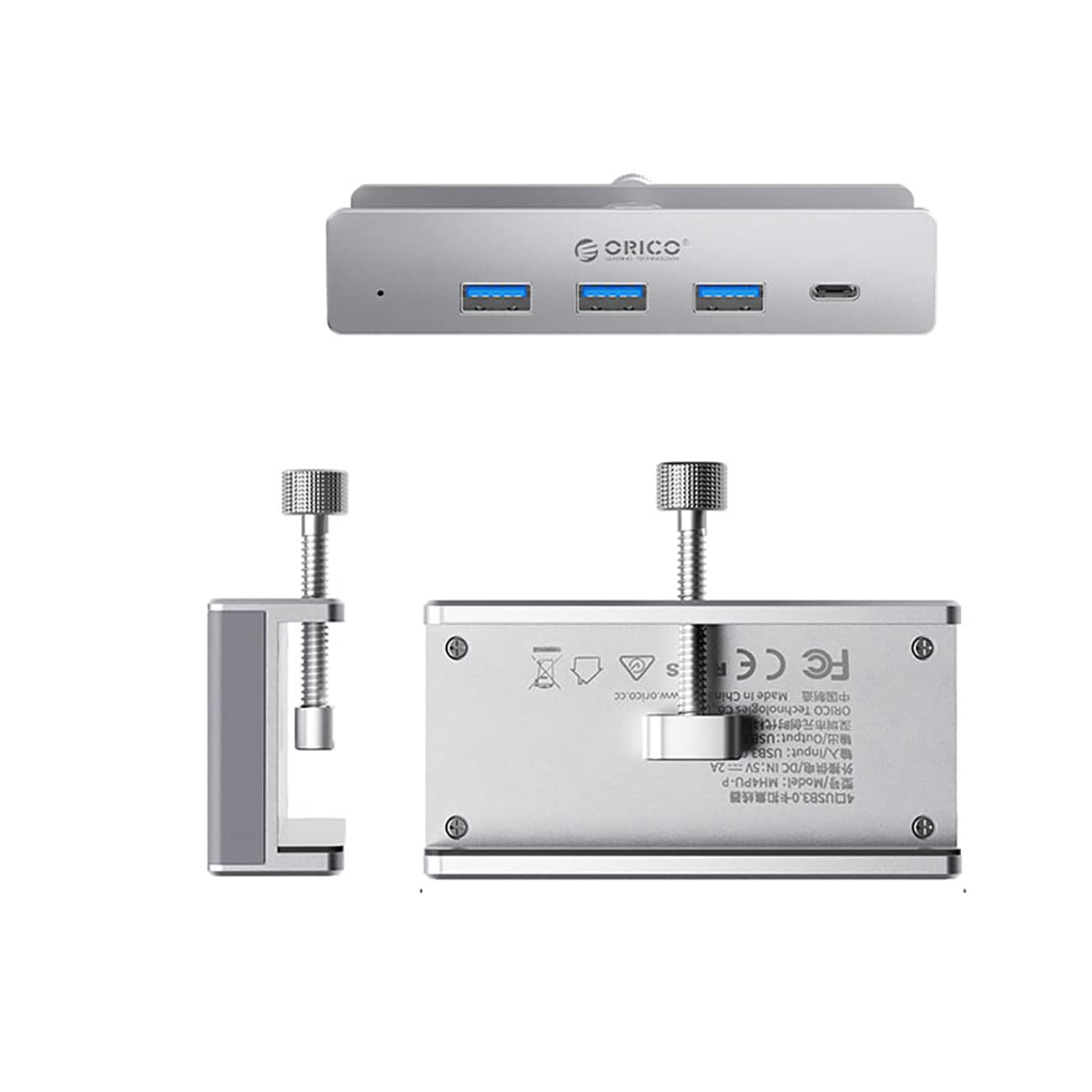 Orico MH4PC Hub med klämfäste – USB-C / 3x USB-A 3.0 + 1x USB-C 3.0 – Silver