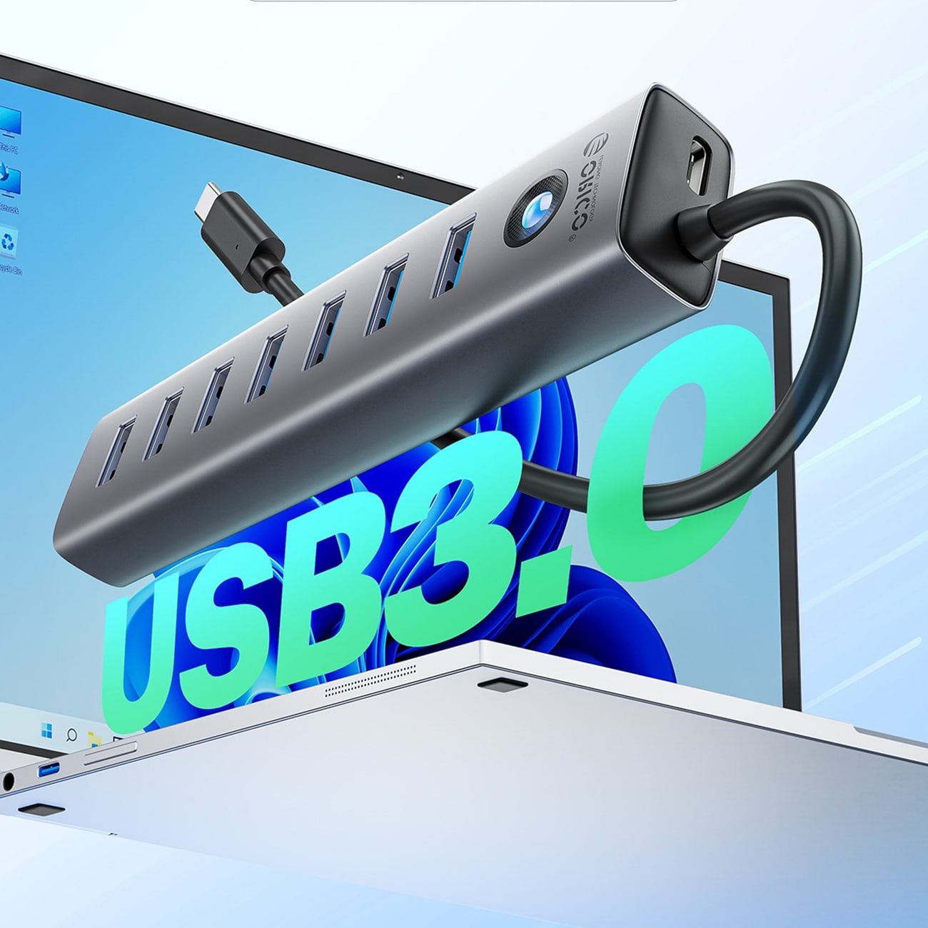 Orico CL7U-U3-hubb, 7x USB-A 3.0 + USB-C 5 V/3 A, 1 m – grå