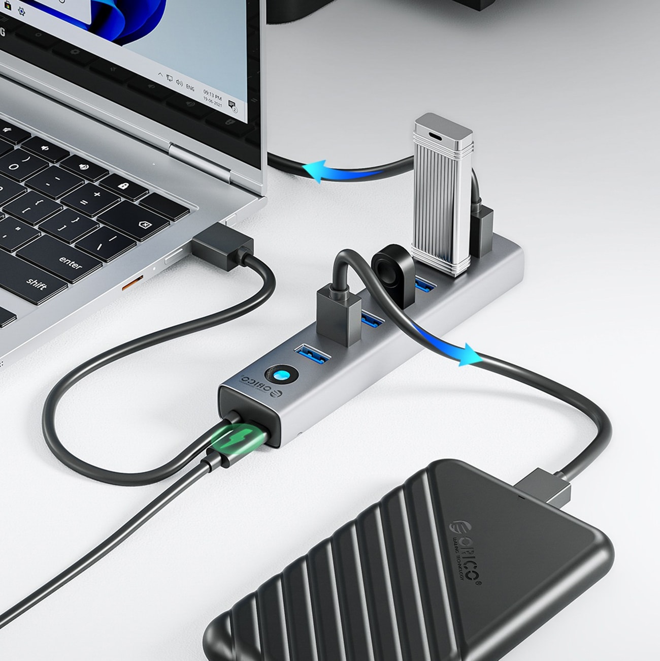 Orico CL7U-U3-hubb, 7x USB-A 3.0 + USB-C 5 V/3 A, 1 m – grå