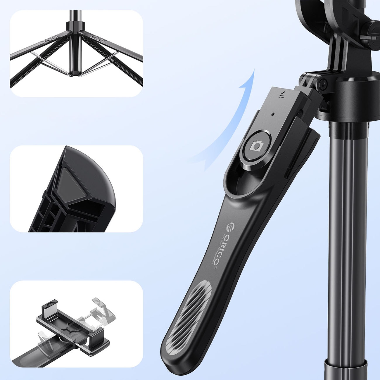 Orico Selfiepinne SPN185, 1/4-tums stativ för mobilkamera, 360° rotation, Bluetooth 5.2 – svart