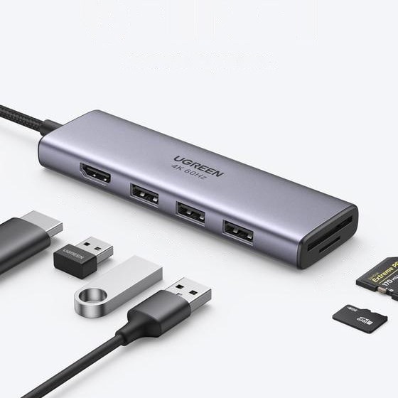 Ugreen multifunktionell USB-C-hubb – 3x USB 3.2 Gen 1 / HDMI 4K 60 Hz / SD/TF, grå (60383)