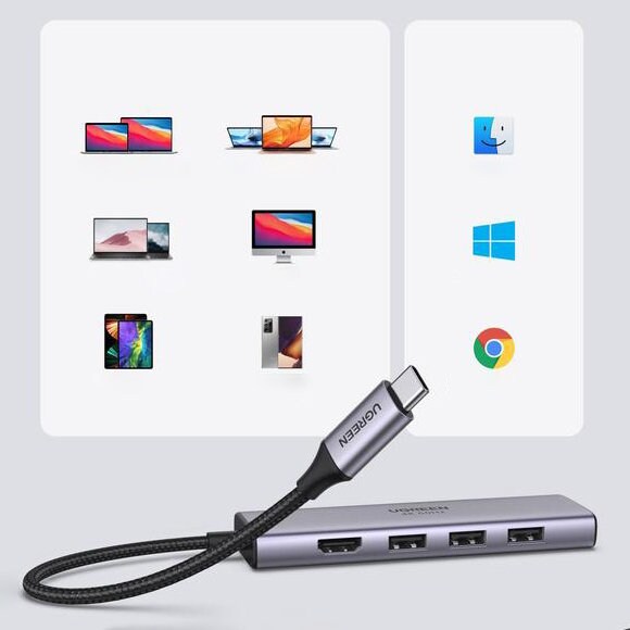 Ugreen multifunktionell USB-C-hubb – 3x USB 3.2 Gen 1 / HDMI 4K 60 Hz / SD/TF, grå (60383)