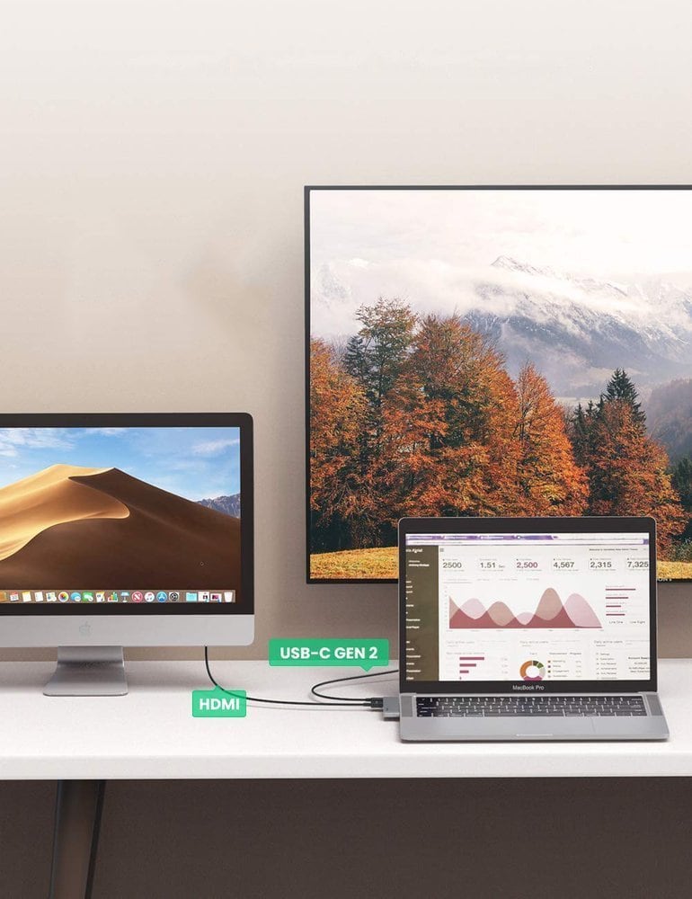HUB Ugreen 60559 2x USB-C/USB-C PD (TB3, 100W, 4K60, 10Gbps) HDMI 4K30 3x USB3 Grå