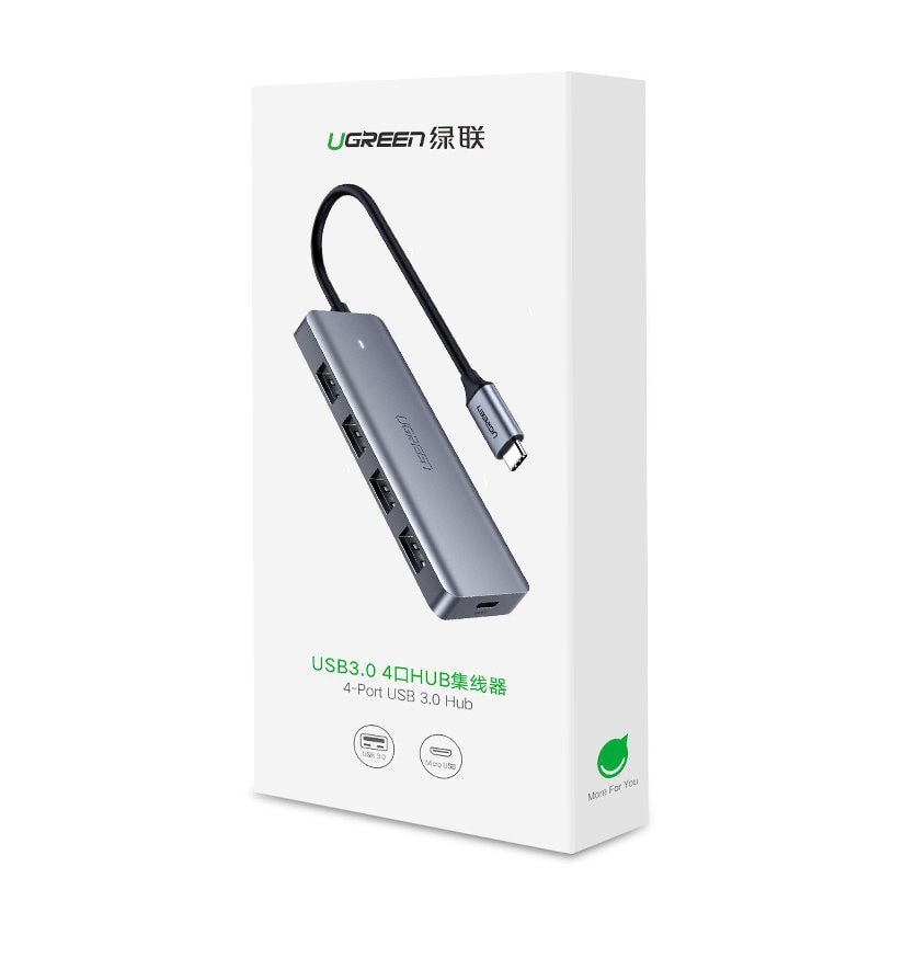 Ugreen USB Type-C-hubb – 4x USB 3.2 Gen 1 med USB-C-laddningsport, grå (CM219 70336)