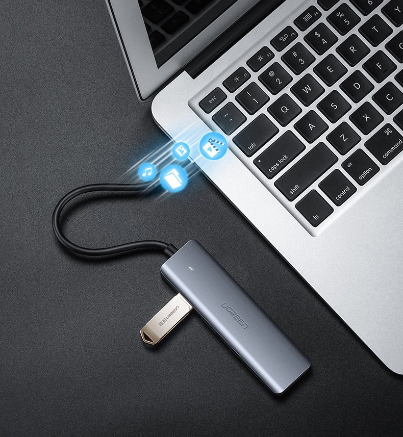 Ugreen USB Type-C-hubb – 4x USB 3.2 Gen 1 med USB-C-laddningsport, grå (CM219 70336)
