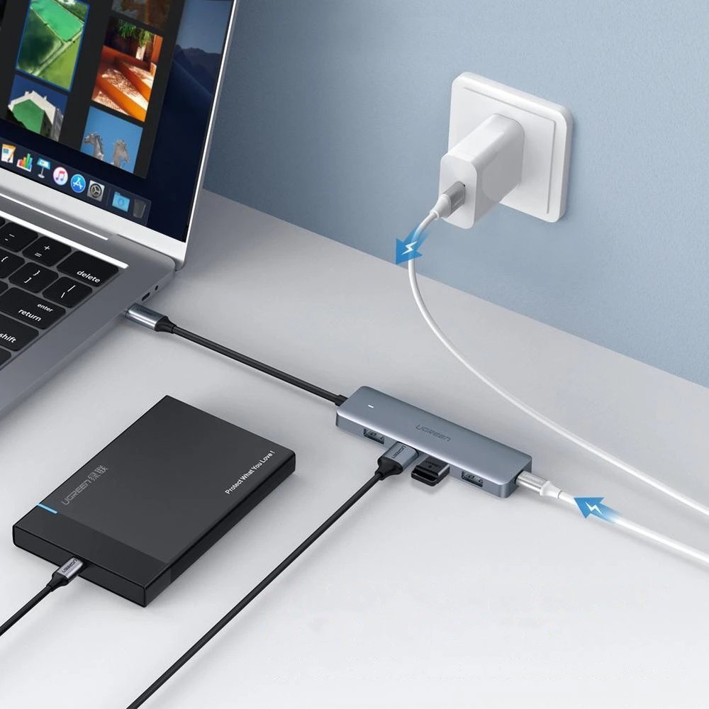 Ugreen USB Type-C-hubb – 4x USB 3.2 Gen 1 med USB-C-laddningsport, grå (CM219 70336)