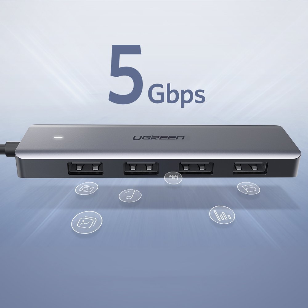 Ugreen USB Type-C-hubb – 4x USB 3.2 Gen 1 med USB-C-laddningsport, grå (CM219 70336)