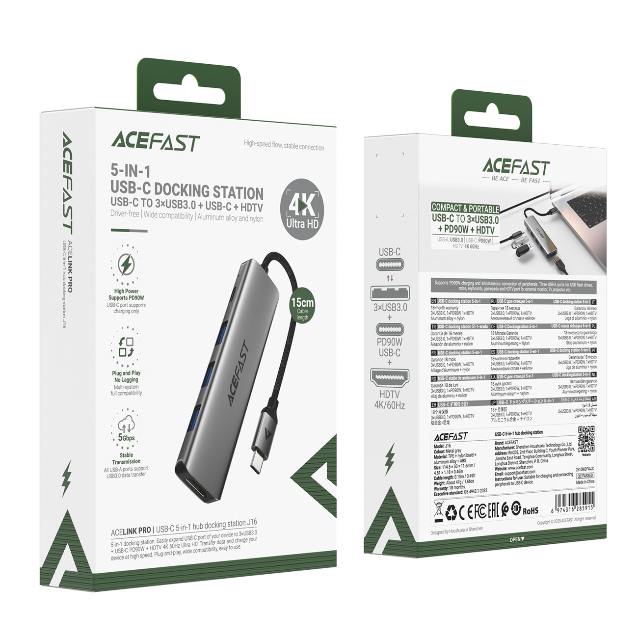 Acefast J16 USB-hubb med USB-C, 5-i-1, HDMI 4K 60 Hz, PD 90 W, dockningsstation – grå