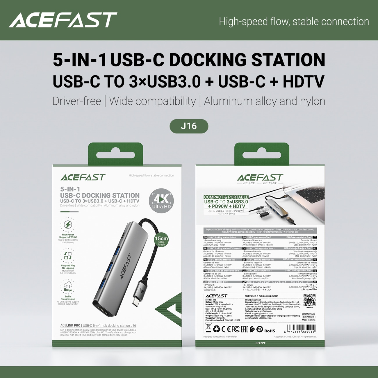Acefast J16 USB-hubb med USB-C, 5-i-1, HDMI 4K 60 Hz, PD 90 W, dockningsstation – grå