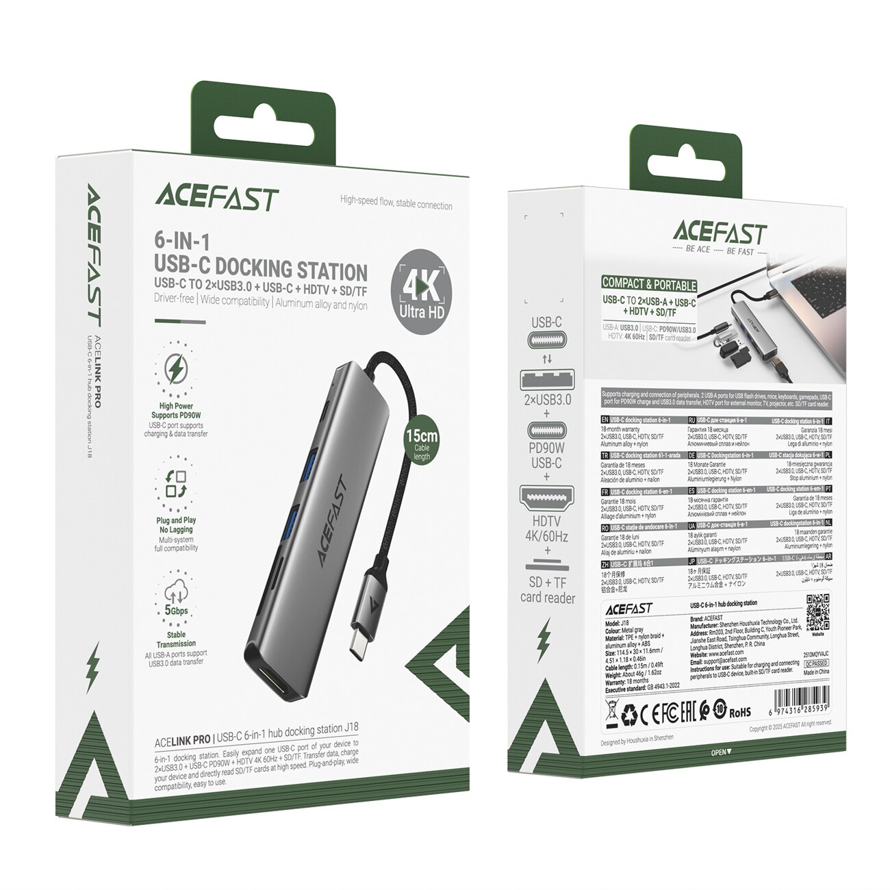 Acefast J18 USB-hubb med USB-C, 6-i-1, HDMI 4K 60 Hz, PD 90 W, dockningsstation – grå