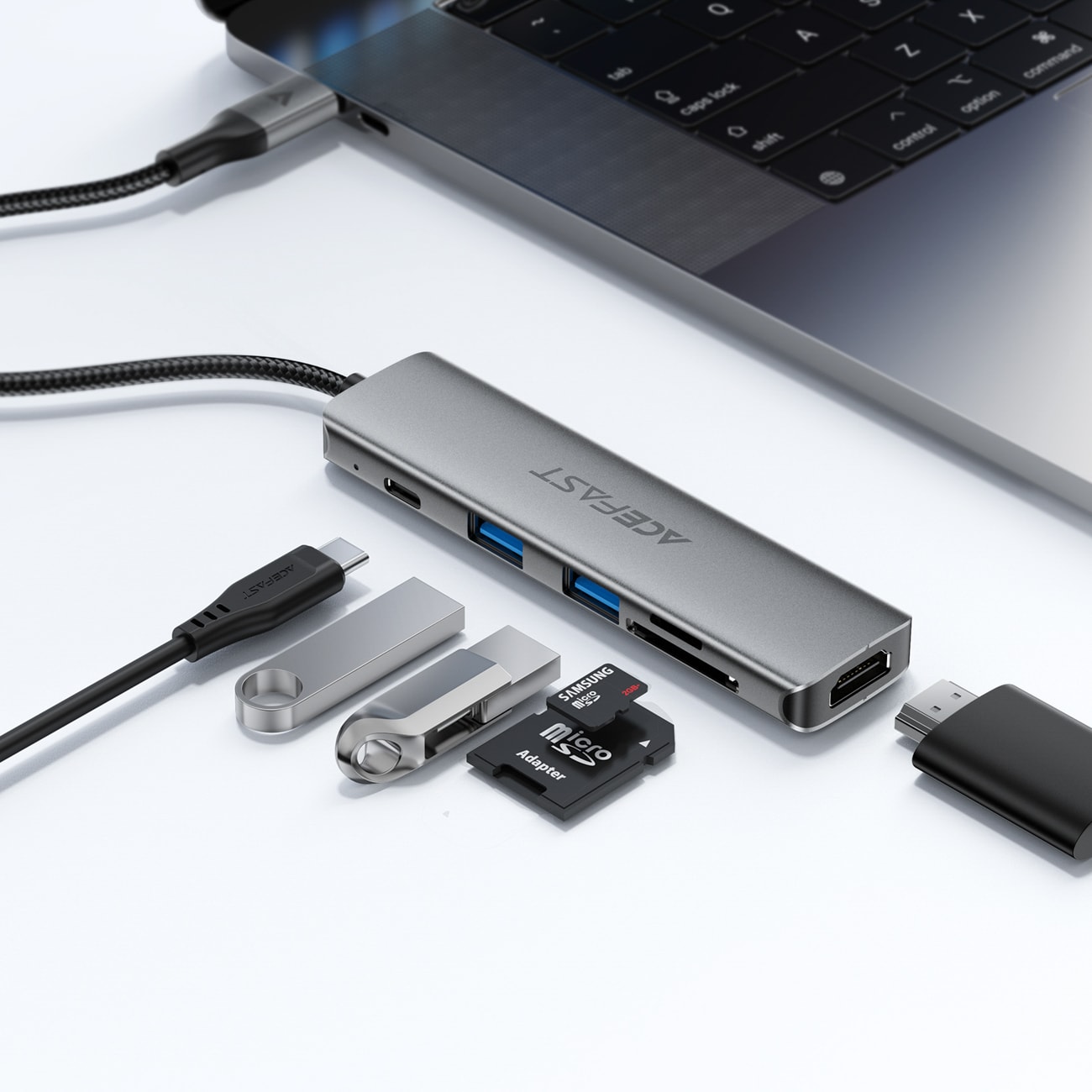 Acefast J18 USB-hubb med USB-C, 6-i-1, HDMI 4K 60 Hz, PD 90 W, dockningsstation – grå