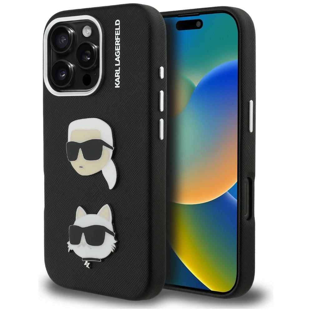 Karl Lagerfeld FW Grained Karl & Choupette Heads Pins-fodral för iPhone 16 Pro – Svart
