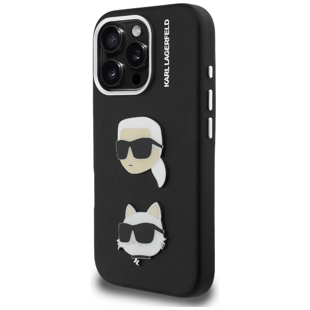 Karl Lagerfeld FW Grained Karl & Choupette-nåleetui til iPhone 16 Pro – Sort