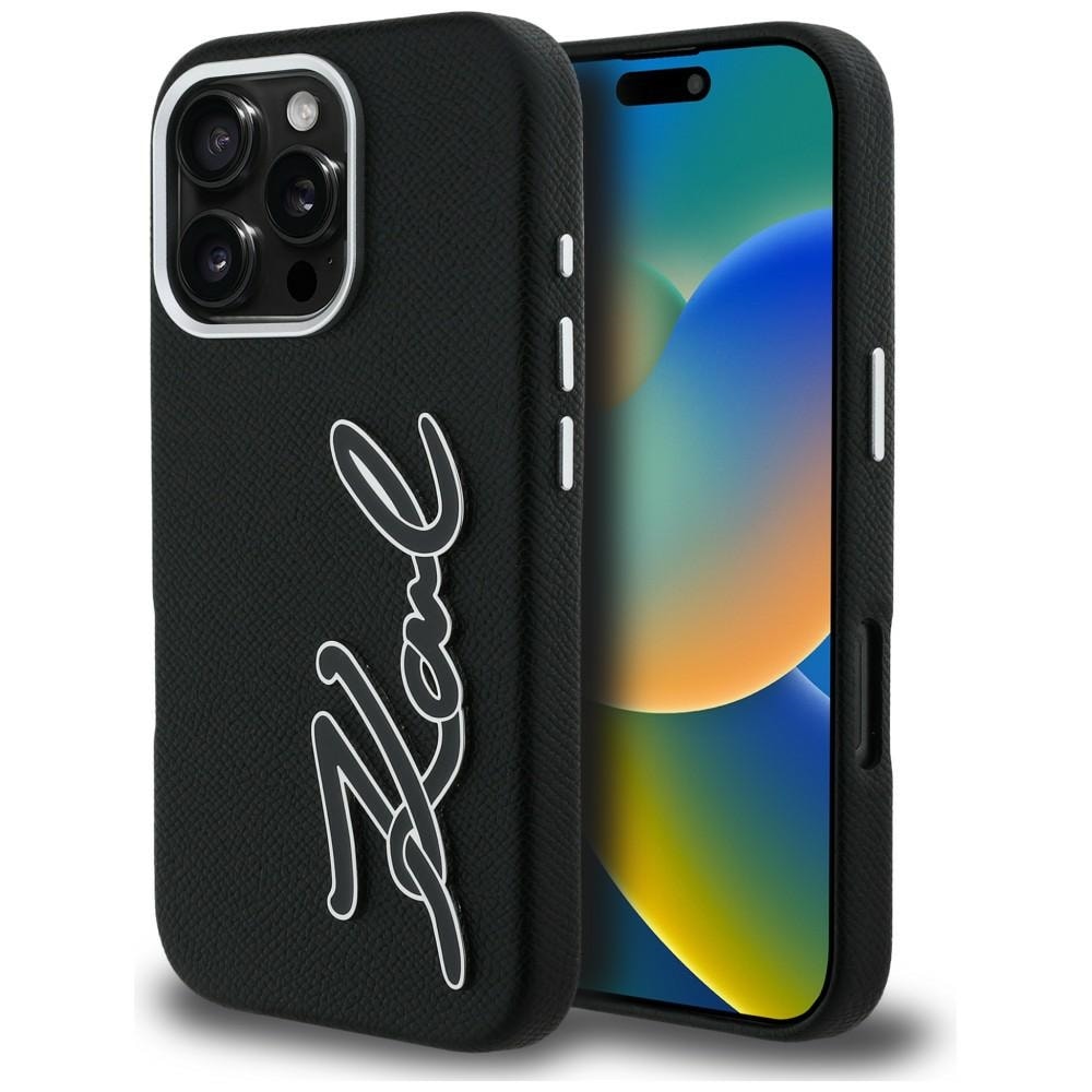 Karl Lagerfeld FW – fodral med strukturerad signaturlogotyp för iPhone 16 Pro Max – svart